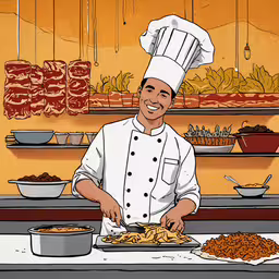 an illustration of a cook in front of plates of food,an illustrated chef with cooked meats and stews