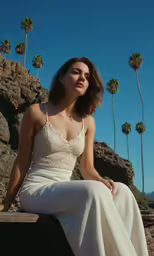 a young woman poses for a portrait on a rock