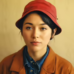a young woman with a red hat on her head