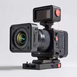 a black camera is in a white room