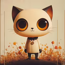 a painting of a cat with large eyes standing in front of flowers
