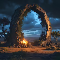 a large fire pit is set up in the middle of a dark sky