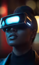 a woman in a black top and a glowing virtual device