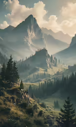 a grassy hill with trees and some mountains