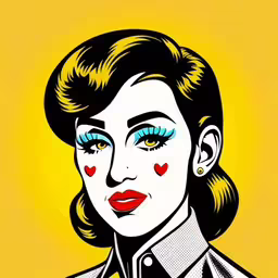 a lady with blue and red eyes wearing a striped shirt,a woman wearing blue eyes and a black jacket