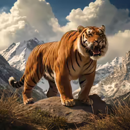 the tiger is standing on a rock in front of a snowy mountain