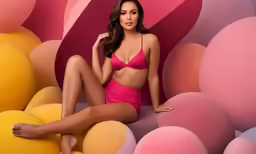 a woman sitting on a ball surface in a pink dress