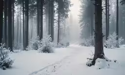 a tree sits in the middle of a forest in the snow