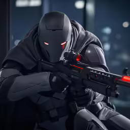 a man in black holding a rifle while wearing a helmet