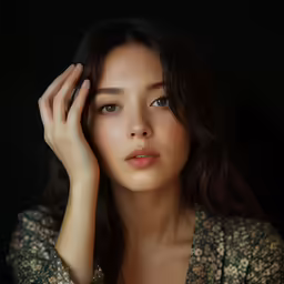 a young woman wearing a dress posing with her hand on her forehead