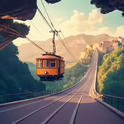 a trolly goes over a narrow mountain road
