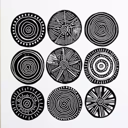 a set of twelve circular designs on a white background,twelve circles in black and white, made from paper