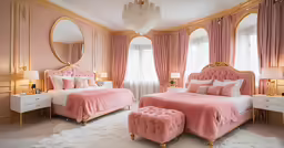 the bed is in the pink room with pink bedspreads and mirrors