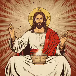 the jesus holding a basket with a lit fire in it