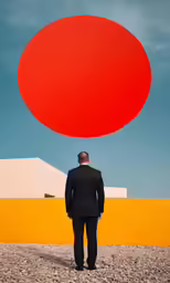 a man in a suit stands in front of a painting of an oval