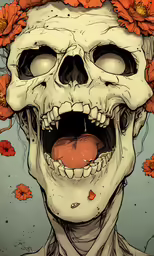 a skeleton is with its head covered in flowers