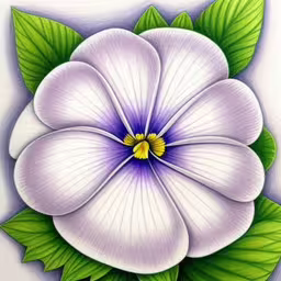 a purple and white flower with green leaves,a flower painted with a watercolor pen