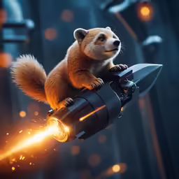 a rocket, flying in the air with a squirrel on it