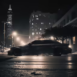 a car is parked in the snow next to a building