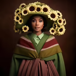 a woman with sunflowers on her head and a green cloak around her neck