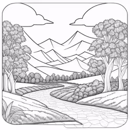 a landscape with hills and trees,a drawing of a mountain landscape in black and white