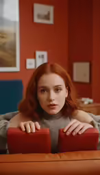 a red - haired woman sits on the couch holding two red blocks