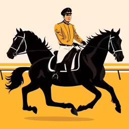 a drawing of a person riding a black horse