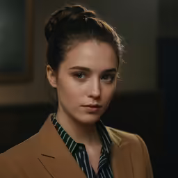 a girl with a very short black hair in a jacket