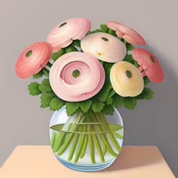 there is a vase with flowers in it,an abstract painting of flowers in a glass vase,a bunch of pink and yellow flowers in a glass vase,the vase is filled with pretty flowers on the table,a painting of pink and white flowers inside a vase