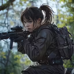 a woman holding a rifle while wearing army gear