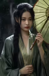 a woman with long hair holding an umbrella,a beautiful young lady holding an umbrella while wearing a green robe