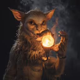 a creepy looking creature holding a lit candle