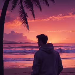 a man stands under a palm tree as the sun sets,a man watches the sun rise as he stands on a beach with palm trees in the foreground