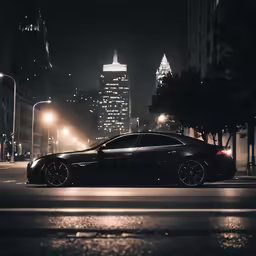 a black car parked in front of a tall building