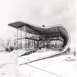 an architectural image with a black and white photo of a curved house