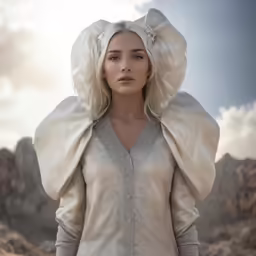 the woman is wearing an unusual white costume