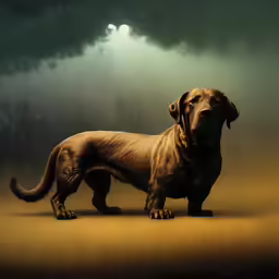 a painting of a dog in front of a background of rain