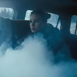 woman sitting in the back seat of a vehicle surrounded by smoke