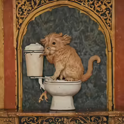 an orange colored cat perched on top of a toilet