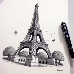 the drawing shows a large tall tower and trees,a drawing of the eiffel tower in paris