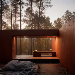 a wooden room in the woods at sunset