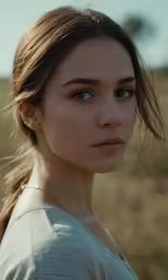 a beautiful woman with big blue eyes looks to the side