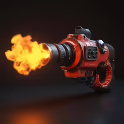 a small camera on fire in front of black background
