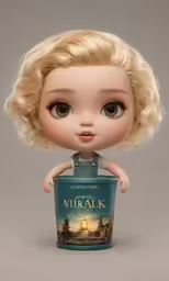 a doll is sitting on a big box with her eyes wide open