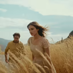 a couple in a field together, a man is walking past them