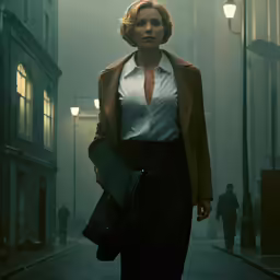 a woman in a white shirt and black skirt holding an file