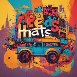 an orange truck with a blue trailer in the background,a painting of a bus is on display