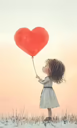 a young girl is holding a heart shaped balloon