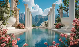 an outdoor pool with white columns and flowers around it