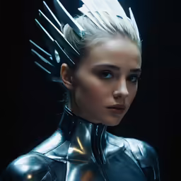 the woman with the strange hair is wearing futuristic armor